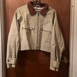 No Boundaries Tan Utility Jacket with Brown Collar